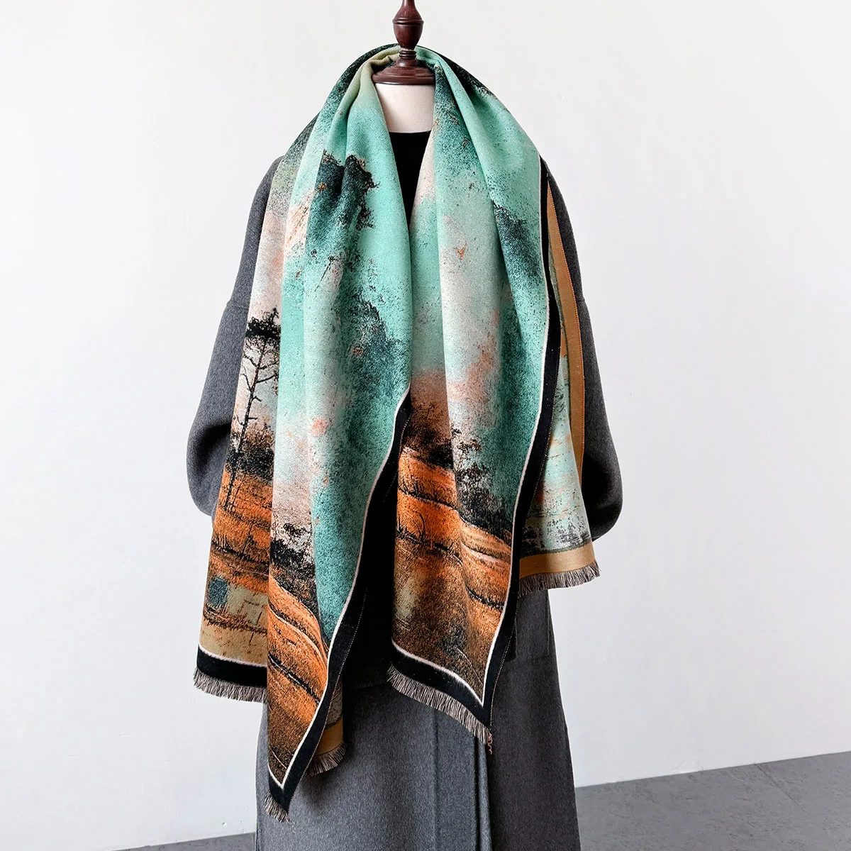 High Quality Winter Scarf Woman Autumn Winter Green Print Warm Shawl Light Luxury Sweet Couple Scarf