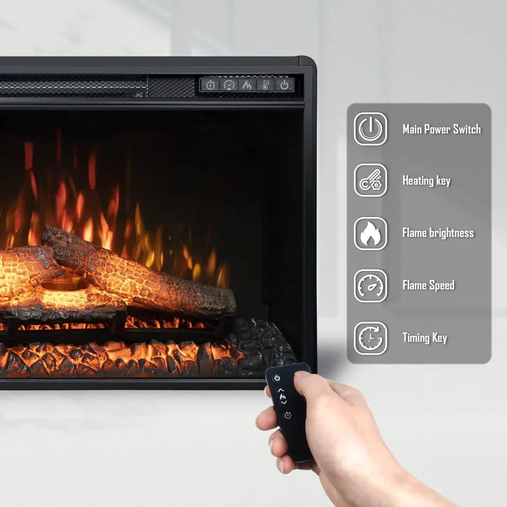 26 Wall-Mounted Electric Fireplace, 1500W Recessed Insert with Remote, Timer, Adjustable Brightness & Speed, Safety Overheat Pro