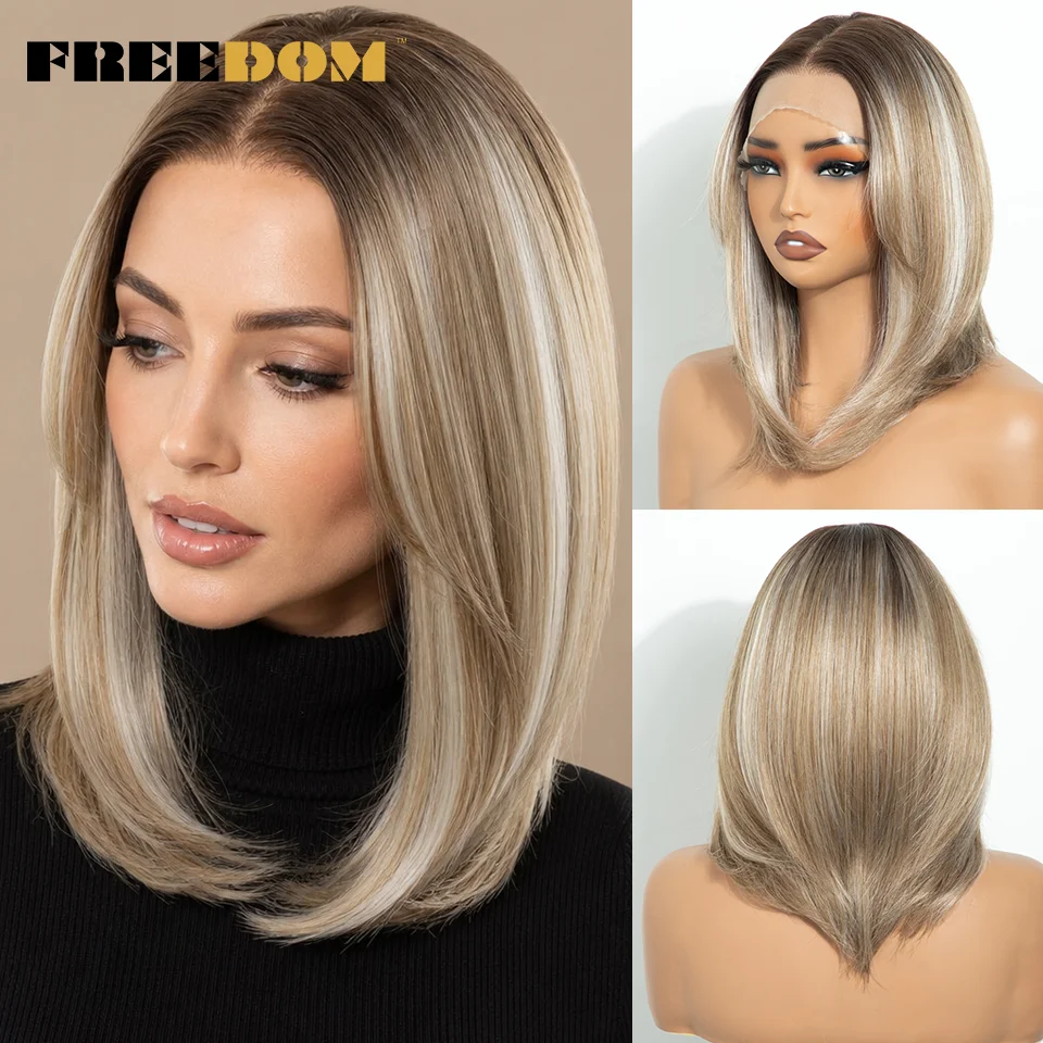 FREEDOM 13X4 Synthetische Lace-Front-Perücken für Frauen, kurze Bob-Perücke mit Pony, vorgezupfte Ombre-Braun-Blond-Spitzenperücke für den täglichen Gebrauch. – Detail 2