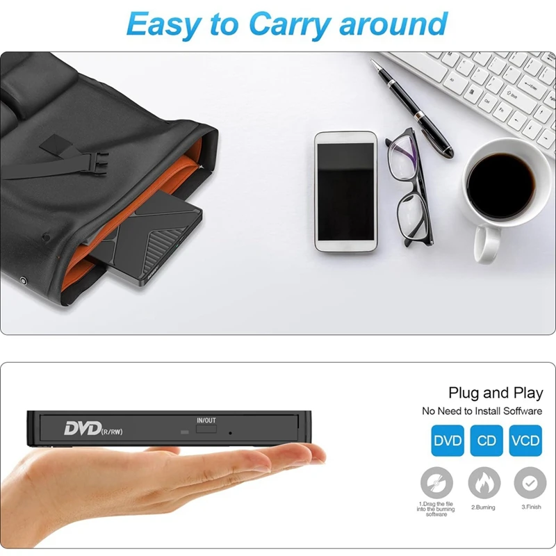 DVD Drive eksternal USB3.0 CD-ROM, pembakar portabel antarmuka ganda tipe-c USB CD DVD untuk Laptop PC