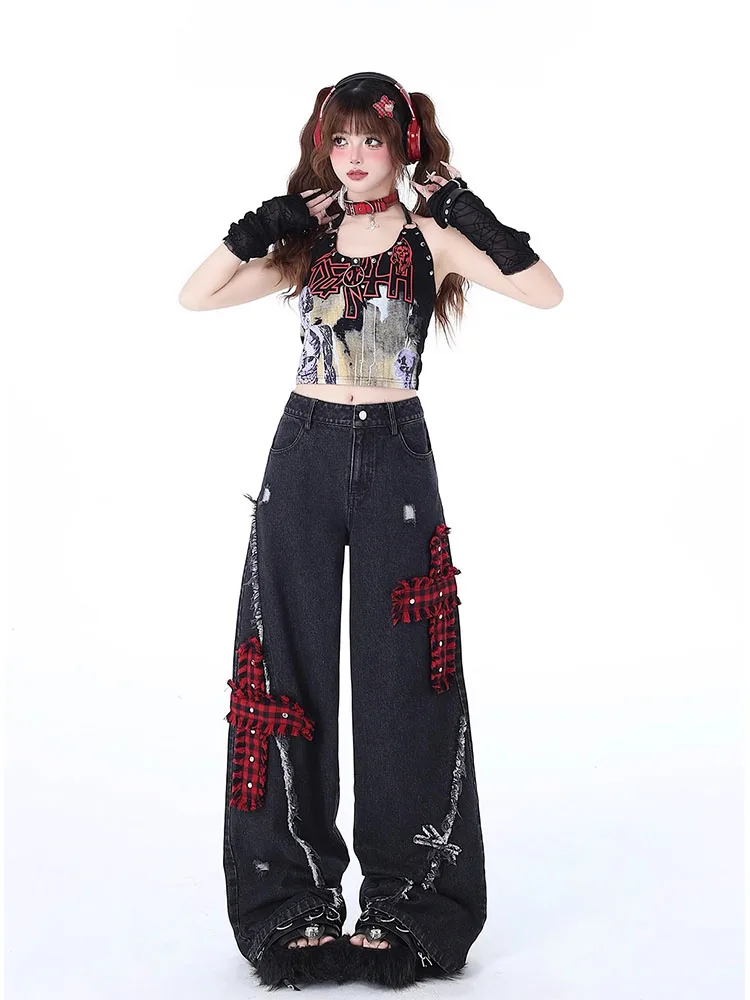 New Design Black Wide Leg Pants Spring High Waist Fashion Jeans Casual Korean Retro Trend Patchwork Denim Trousers High Street