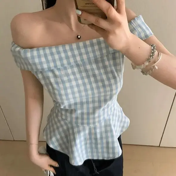 

Short-Sleeved Shirt With Off-The-Shoulder Boat Neck Tank Tops Plaid Backless Summer Basic Vest Sleeveless Slim Aesthetic Clothes