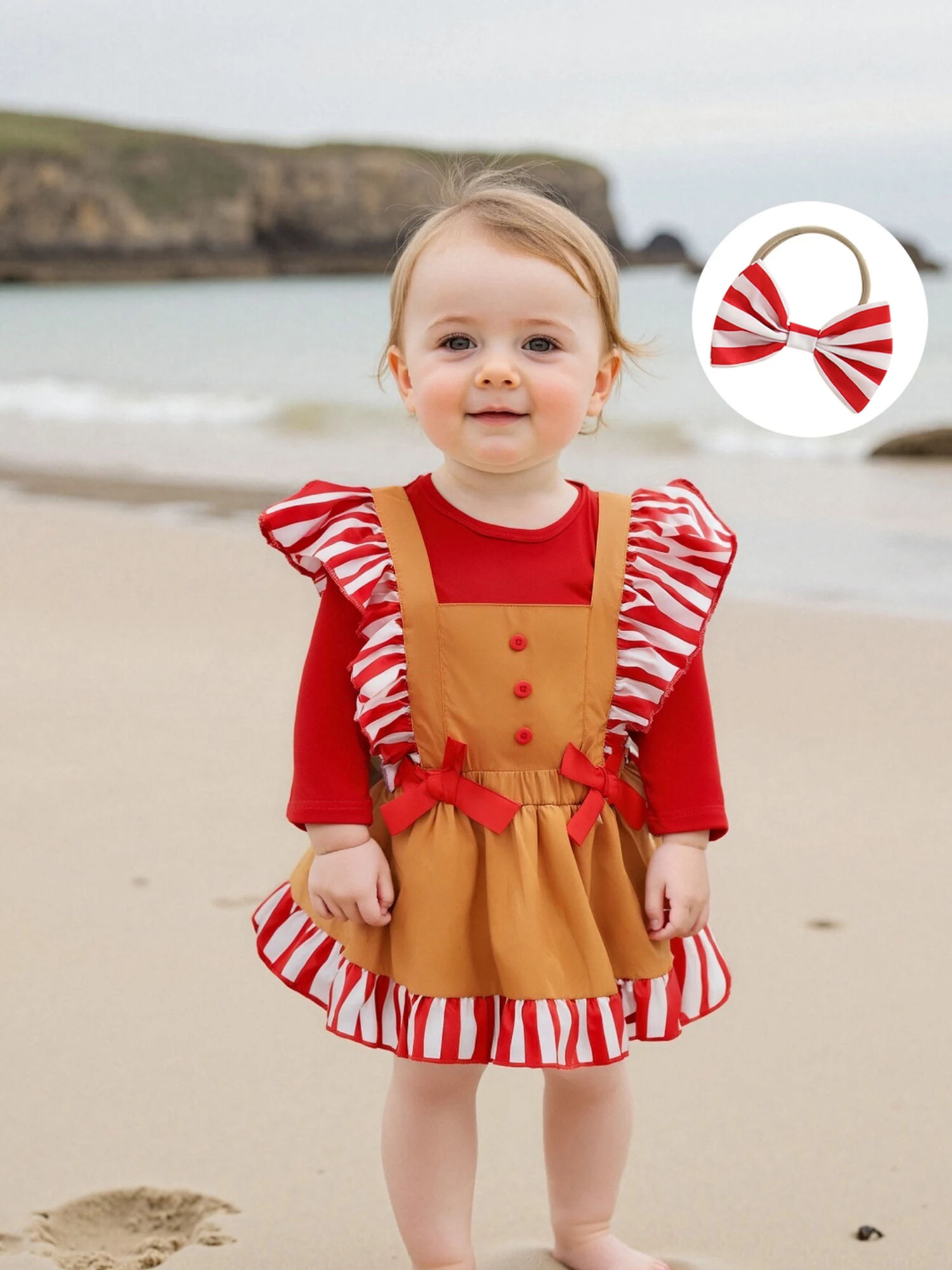 

Infant Baby Clothing Girls Outfits Cute Fall Fly Sleeve Romper and Striped Ruffles Suspender Skirt Headband Sets 018M