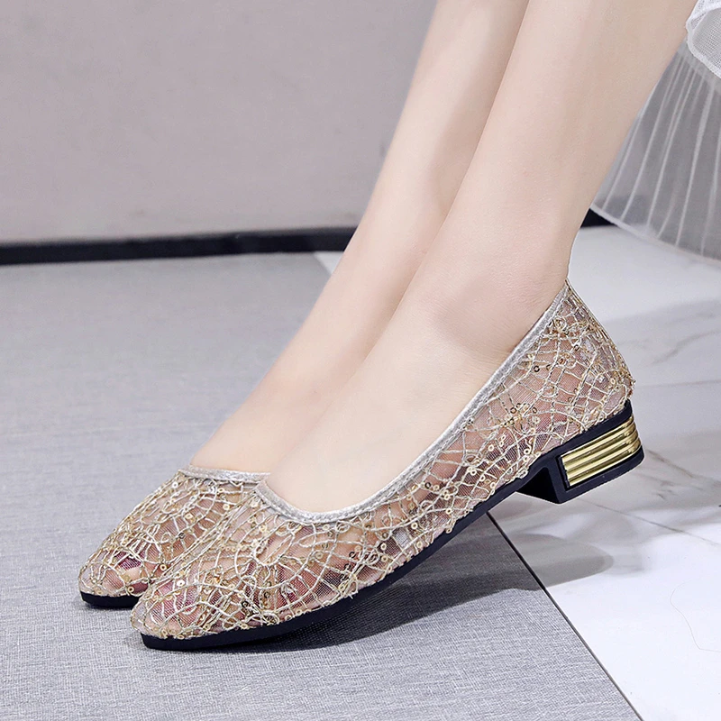 2023 Summer Women\'s Transparent Shoes Female Breathable Mesh Sandals Woman Party Sequins Low Heels Women Silver Big Size Sandals