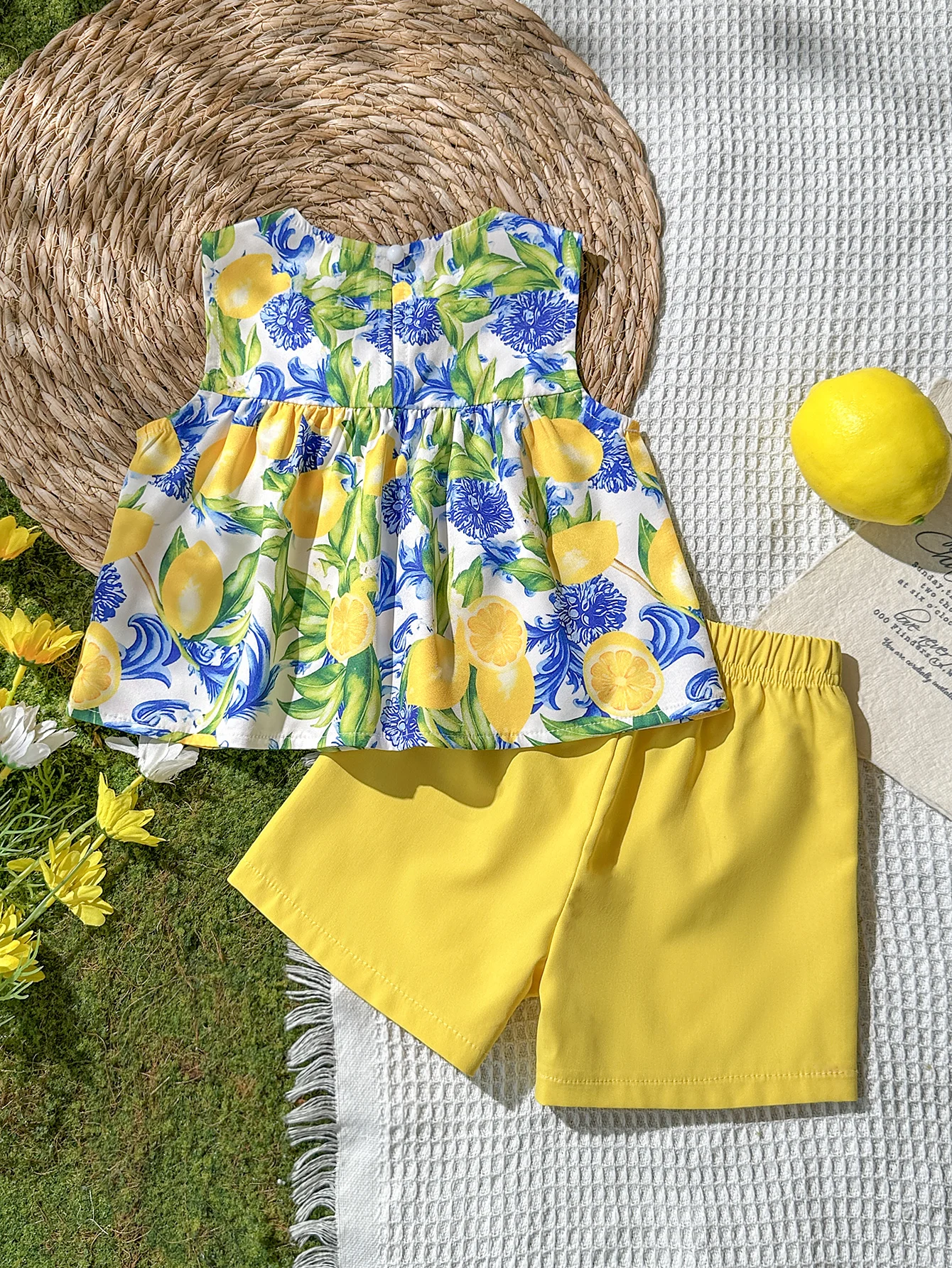 Baby Girl Lemon Floral 2‑Piece Outfit Sleeveless Print Top & Yellow Shorts Set