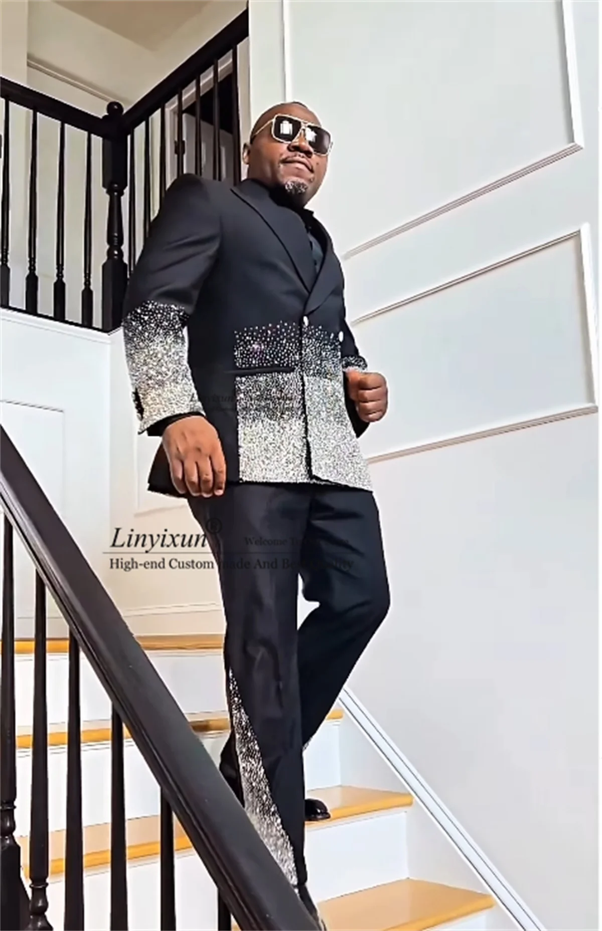 

Sparkly Gem Crystals Men Suits 2 Pieces Sets Male Party Blazers Slim Fit Customized Groom Wedding Tuxedo High End Costume Homme