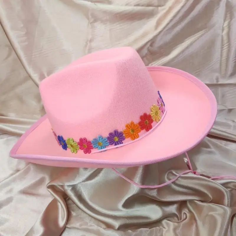 652f 여성 와이드 브림 모자 핑크 카우걸 모자 스카프 나이트 클럽 카우걸 정장 사진 소품