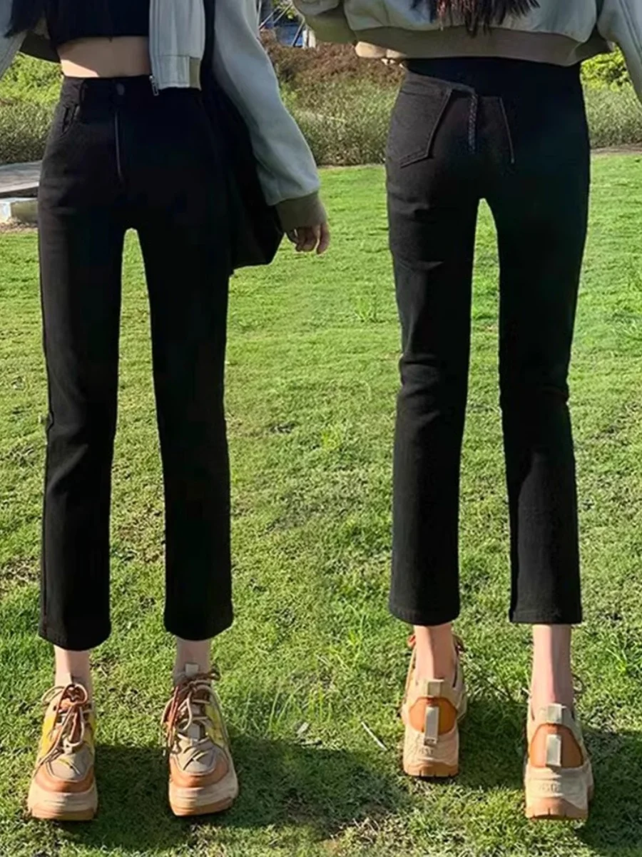 Black Straight Leg Jeans Women's New plus Size Slimming Pants Thin Small Figure Smoke Tube Nine Points High Waist Jeans