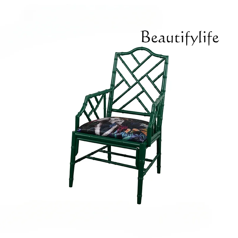 X35 Retro Solid Wood French Bamboo Study Classical Chair Tea House Hollow Medieval Dining Chair Green