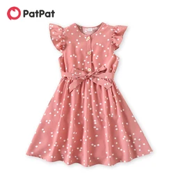 PatPat Kid Girl Dresses Polka Dots Button Design Belted Flutter-sleeve Kids Dress Round Neck Bow Belt Slim Fit A-Line Dress