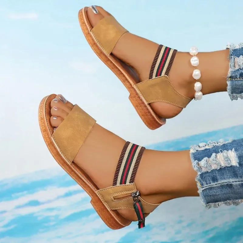 Flache Damen-Sandalen mit gestreiftem Gummiband, elegante Freizeitschuhe mit offenem Zehenbereich, seitlicher Reißverschluss, Sommer-Strandsandalen