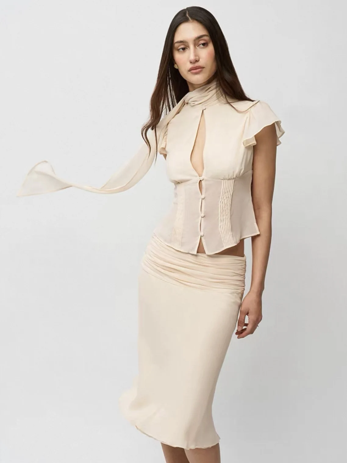 GUIZIO بلوزة خصر مجوفة + تنورة متوسطة الطول بطيات تنانير تناسب الملابس النسائية