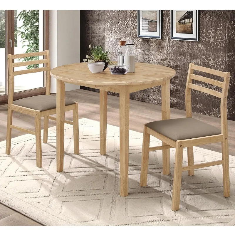 Ensemble de salle à manger en bois rond, extension de cuir chevelu goutte, chaises latérales à dossier en échelle, coussins de siège texturés, beige et naturel, 3 pièces