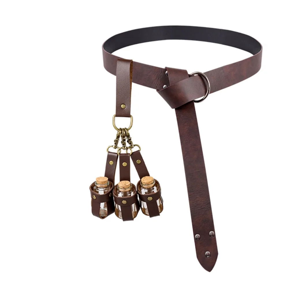 Medieval PU Leather Belt, Renaissance Waist Belt, Cork Glass Magic Bottle with Bottle Cover, Halloween Belt