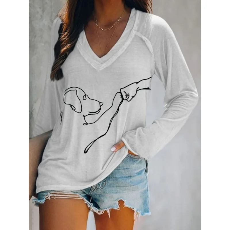 ilstile Women's Dog Print T-Shirts Summer Casual Loose Long Sleeve V Neck Tops White Black Blue Green T Shirt Hot Sale
