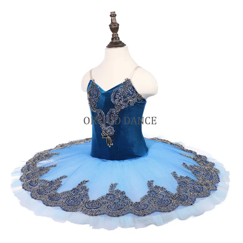 Cheap Custom Size 7 Layers Kids Girls Stage Performance Wear Velvet Blue Ballet Tutu Costumes