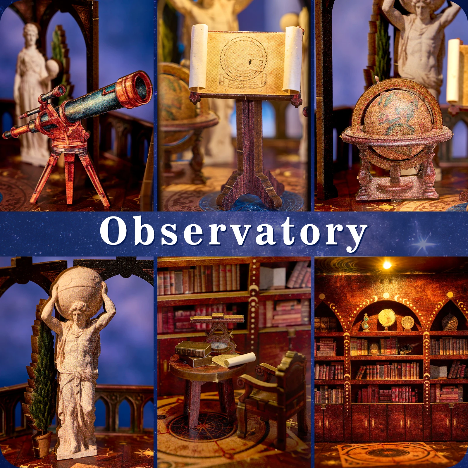 Book Nook Kit Observatory DIY 3D Wooden Puzzle Bookshelf Insert Dollhouse Model Bookend Building Home Decoration Gifts