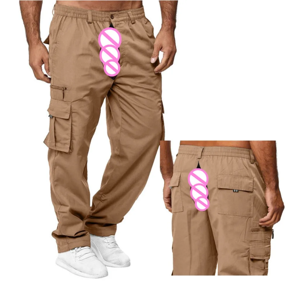 Invisible Open Crotch Outdoor Sex Tactical Jogger Men's Casual Pants Cargo Multi-pocket Loose Long Trousers High Street Trend