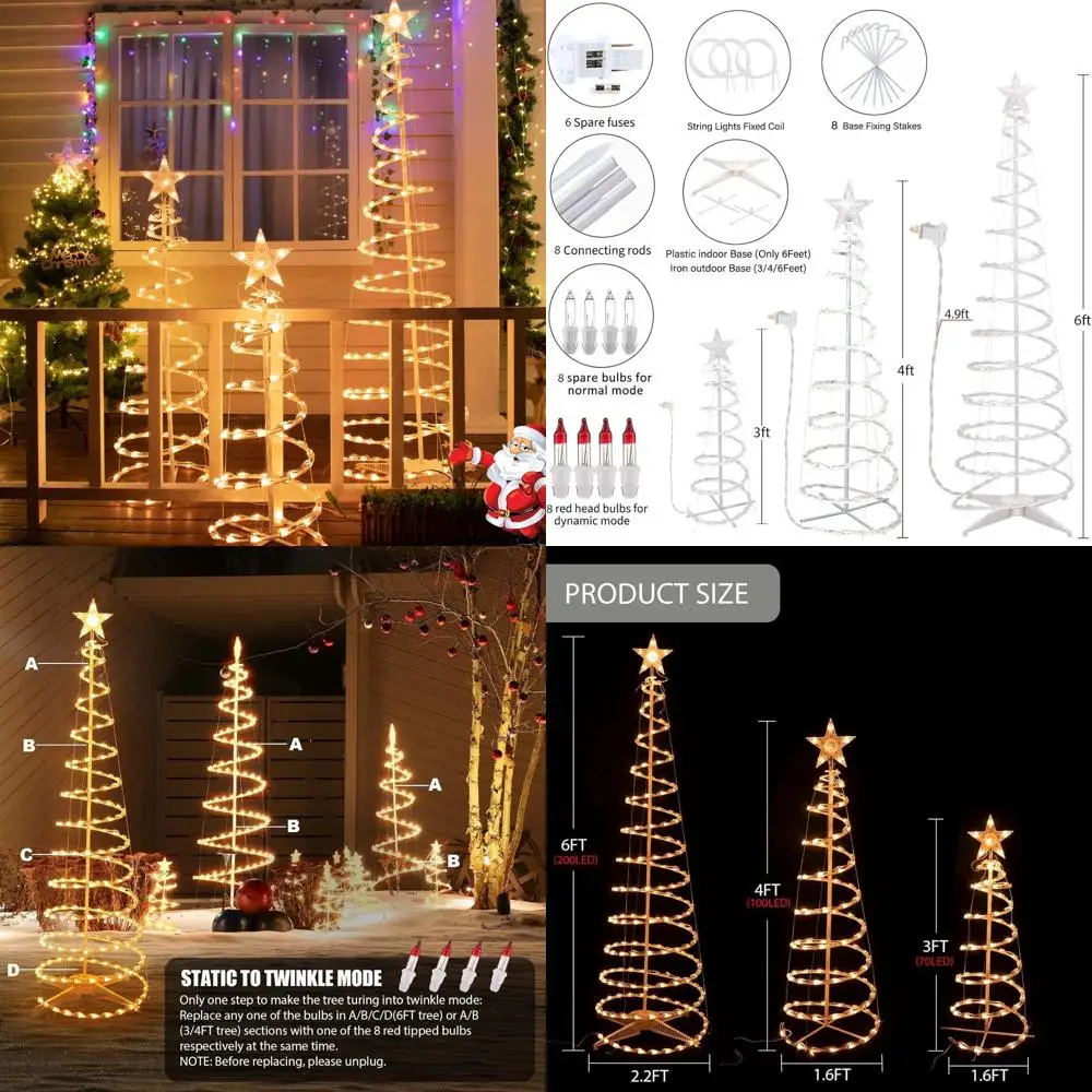 أضواء شجرة عيد الميلاد الحلزونية الخارجية، 3-6 أقدام، 7 نجوم، معتمدة من UL، قابلة للطي، بيضاء دافئة لقضاء العطلات وحفلات الزفاف ديسمبر