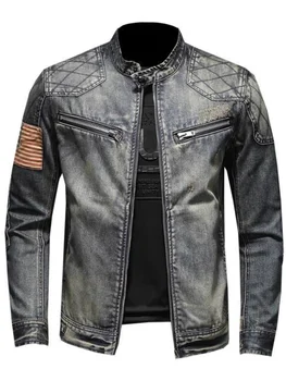 2024 new men's denim jacket trendy retro fashion casual stand-up collar zipper jacket handsome riding biker clothing denim tops 5