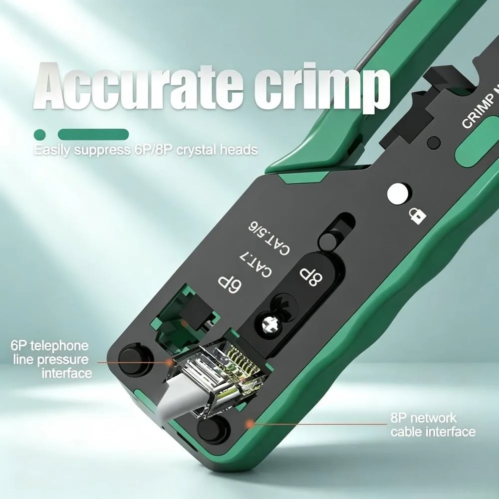 RJ45 Pass‑Through Crimping Tool, 8P/6P Network Cable Crimper Stripper Cutter Plier for Cat5e Cat6 Cat6A Cat7 RJ11 Connectors