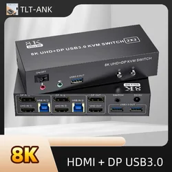 8K 60Hz Dual Monitor KVM Switch 2x2 HDMI/DisplayPort Hybrid Inputs | Control 2 PCs & 2 Screens | USB-C Hub for Multi-Device Gami