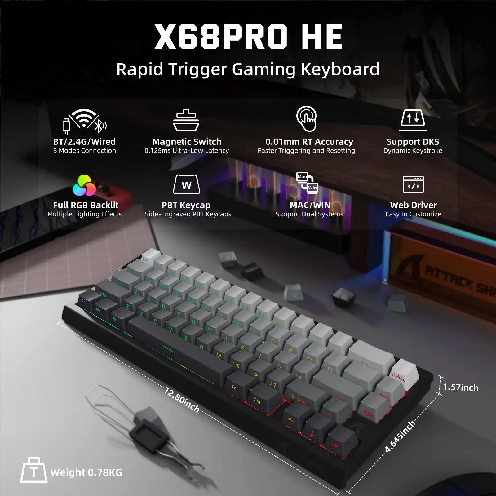 ATTACK SHARK X68 PROHE Magnetic Switch Wireless Keyboard 67KEYS 0.01mm Precision, 8KHz Polling,0.125ms Latency&RGB-5000mAh