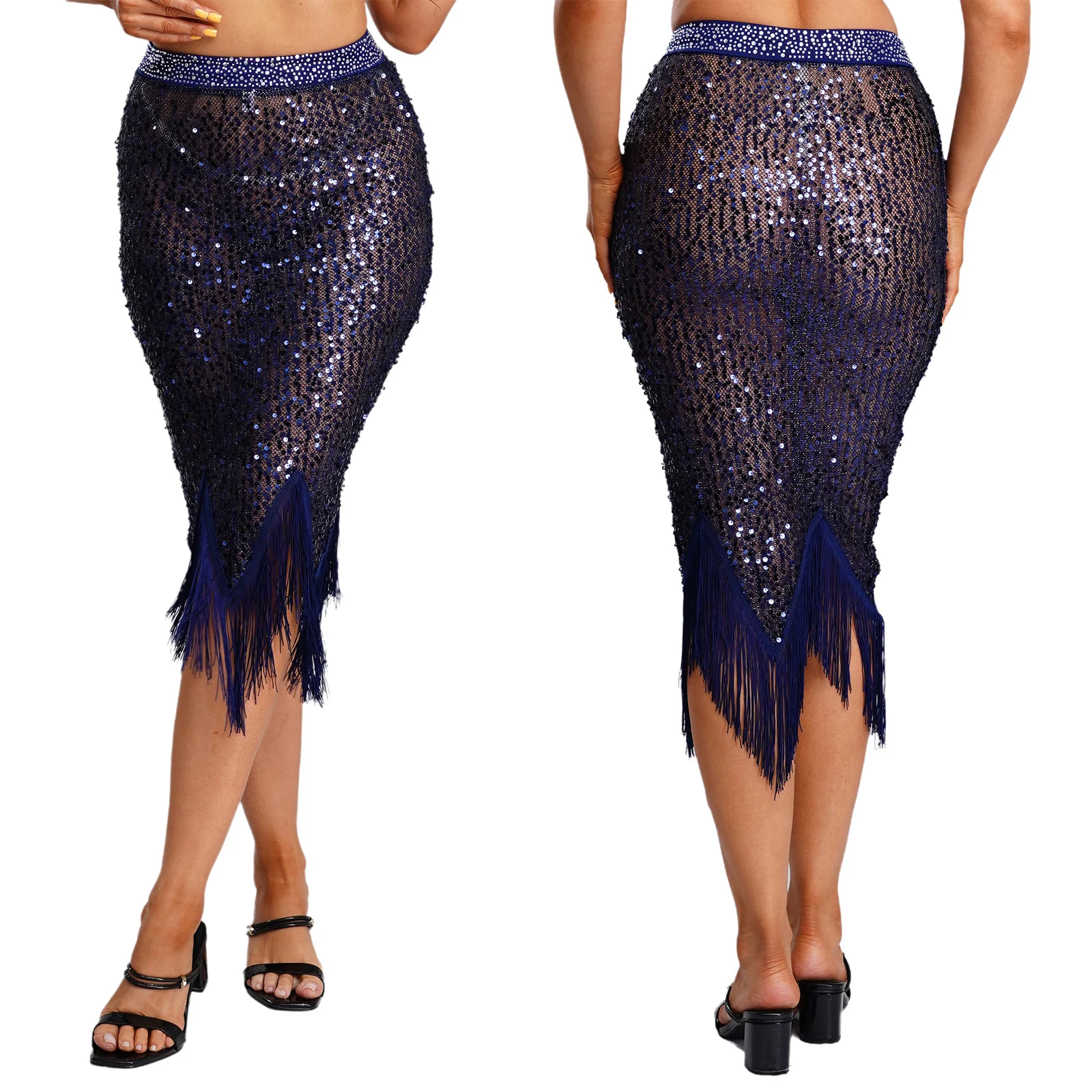 

Women Hip Wrap Sequins Fringe Hem Skirt Shiny Sequins Pencil High Waist Hip Hugging Skirt for Belly Dance Night Outing Beachwear