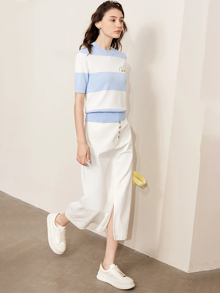 Amii Minimalism 2023 Summer T-shirt for Women New Striped short sleeve Smile Face Loose T-shirts Elegant Tees Tops 12321035