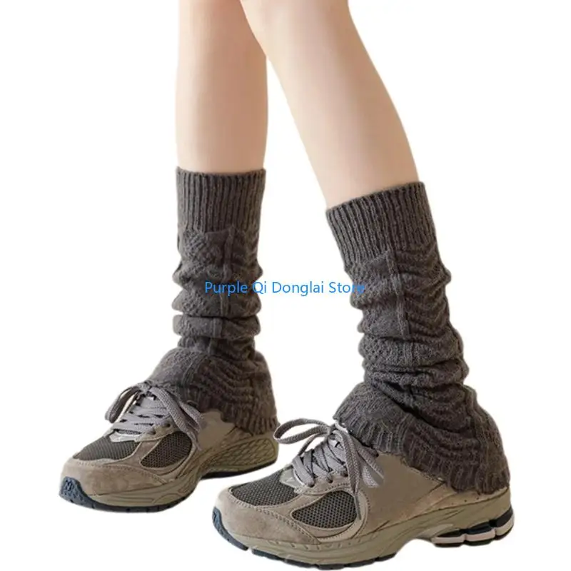 L21E Winter Foot Cover Middle Calf Socks Women Pleated Cable Knit Ruffled Leg Warmers