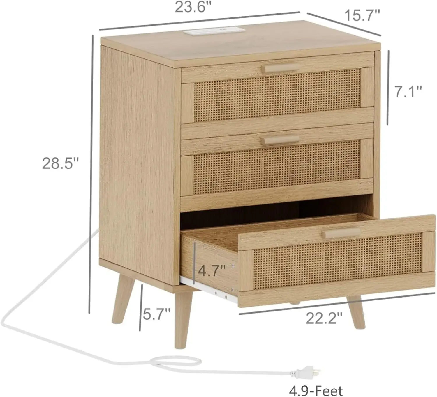 Rattan Nightstand with Charging Station, Night Stand with Rattan Decorated Drawers, Farmhouse End Table, Bedside Table w