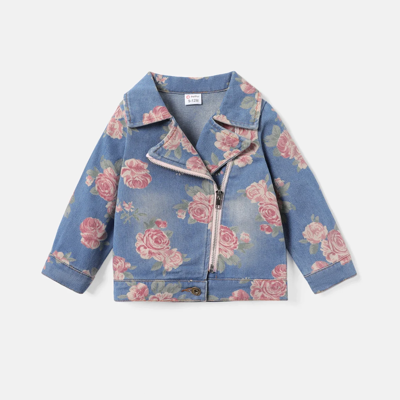 PatPat Baby Girl 95% Cotton Allover Floral Print Lapel Collar Long-sleeve Zipper Denim Jacket Soft and Comfortable