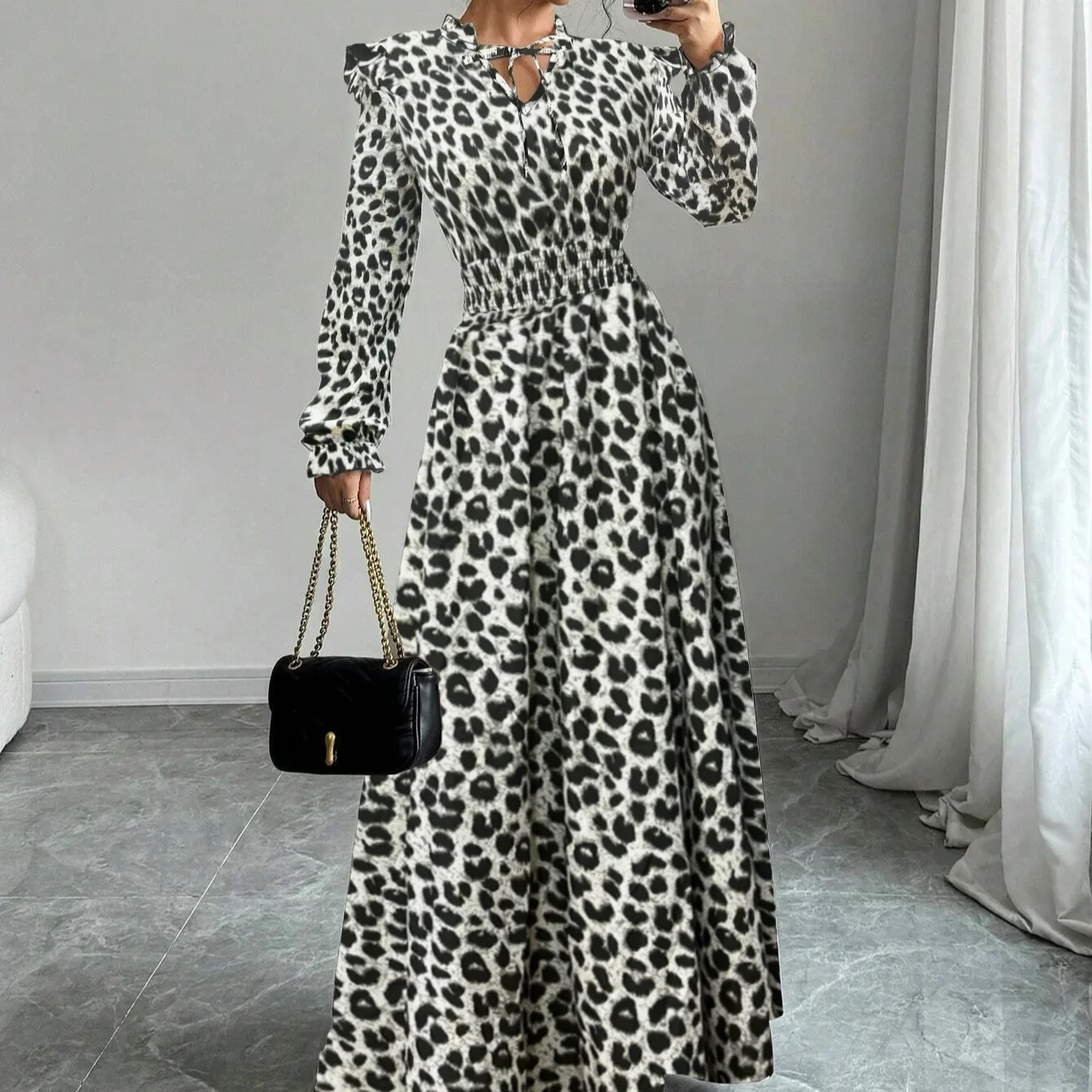 レディースワンピース 新作 長袖 フリル襟 プリント レースアップ Aラインワンピース レディース ワンピース ベスティドス デ ベラーノ ムヘール 2025 Q449