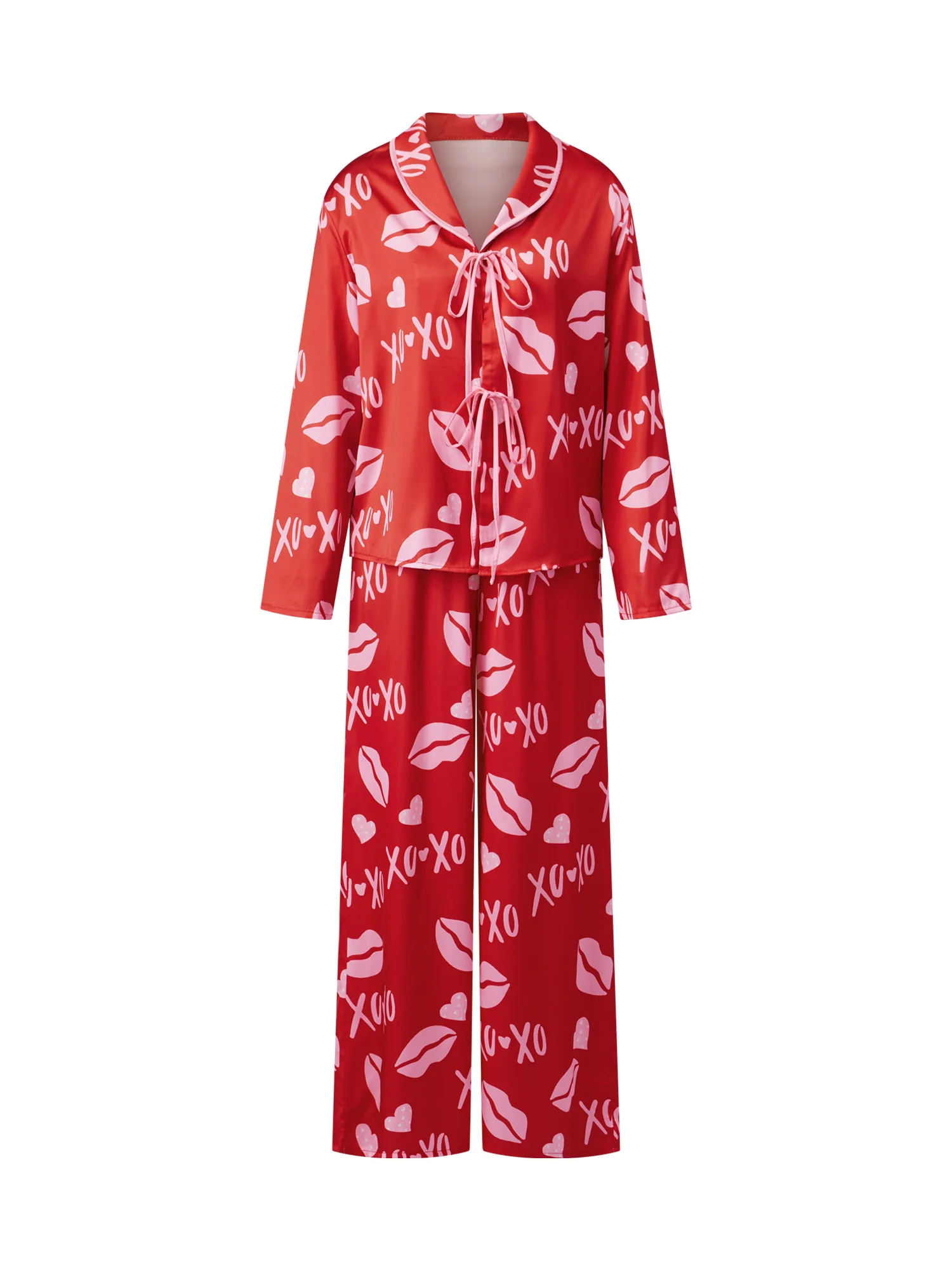 

Women s Valentine s Day Pajama Set Long Sleeve Lapel Heart Lip Print Shirt and Pants Sleepwear