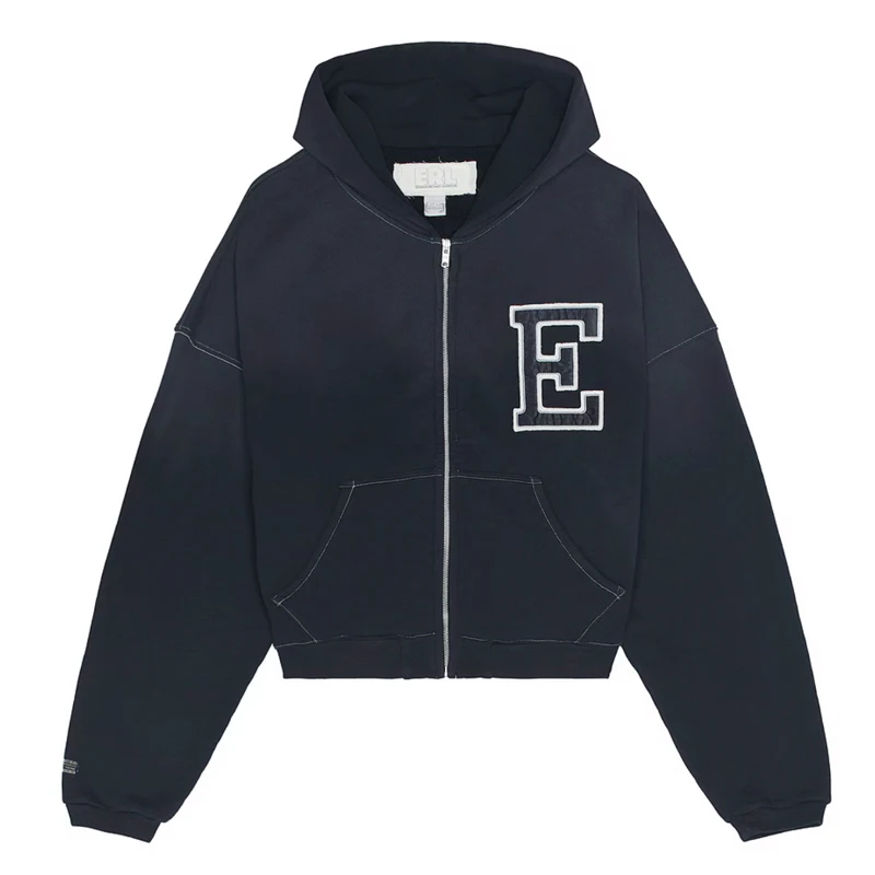Navy Blue Retro Casual Embroidered Letters ERL Hoodies Autumn Winter High Street Zipper Sweatshirt