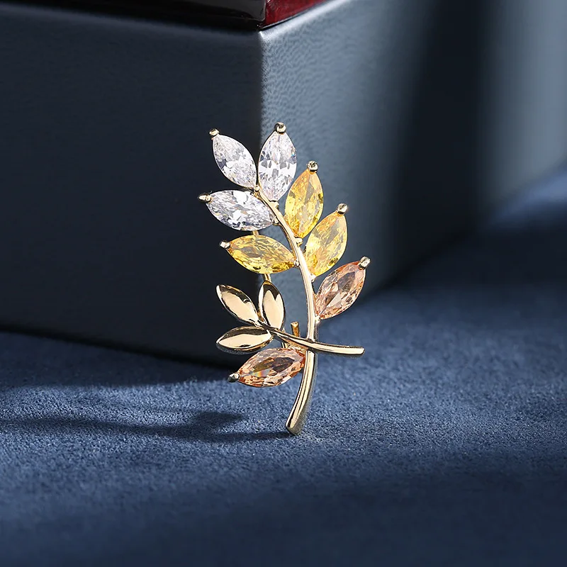 Super Shiny Zircon Inlaid Wheat Spike Brooch Scarf Buckle Collar Buckle Anti-Exposure Pin Fixed Clothing Leaf Small Brooch