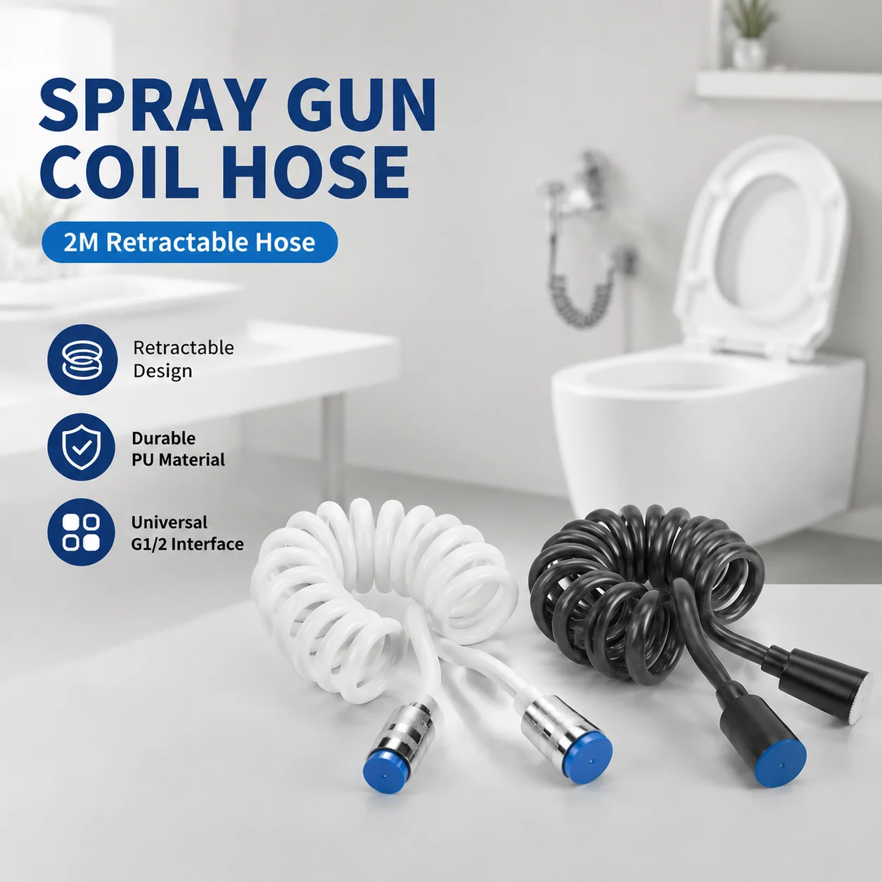 

Flexible Retractable Coil Hose, 2m Spring Toilet Bidet Sprayer, Bathroom Shower Accessory, PU Material,Universal G1/2 Connection