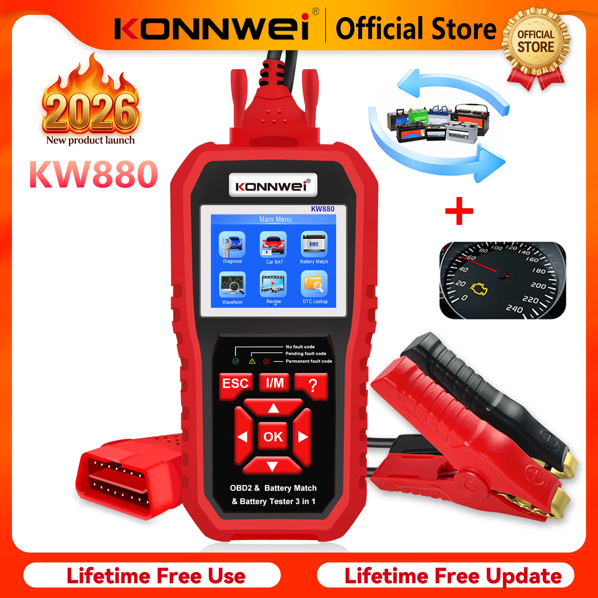 

2026 KONNWEI KW880 Car OBD2 Diagnostic Scanner 6V/12V Battery Tester/Matching DPF DTC Lookup Live Data waveform Pinting Function