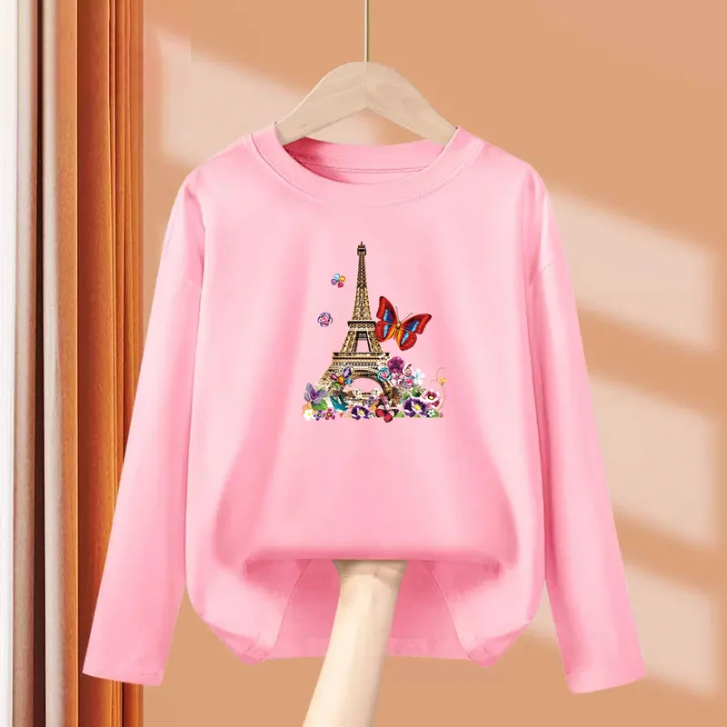 Girls New Autumn Clothes Paris Eiffel Tower T-shirt Long sleeved Cotton Tops Little Girl Butterfly Party Tees