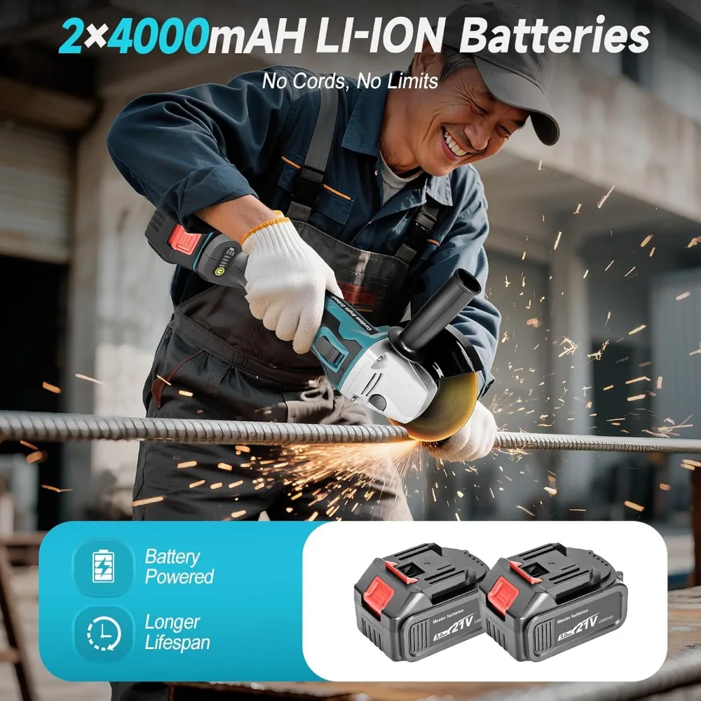 Draadloze haakse slijper met 2 x 4,0 Ah batterij, 4-1/2 borstelloze accu-aangedreven slijpmachine, 4 variabele snelheden 8500 RPM voor metaal