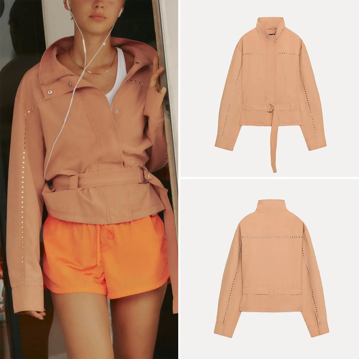 

Fashionable Long Sleeve Stand Collar Color Block Rivet Belted Outerwear Women's Summer 2026 New Arrival Neutral Style Loose Fit