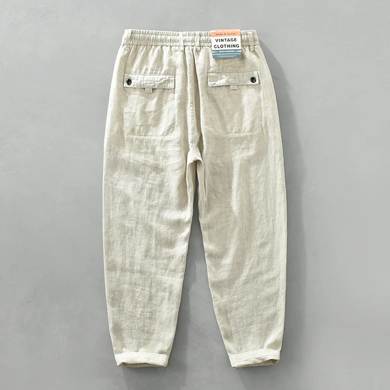 Men's Chinese Style 100% Linen Pants - Year-Round Japanese-Inspired Retro Loose Straight-Leg Casual Cropped Trousers Summer