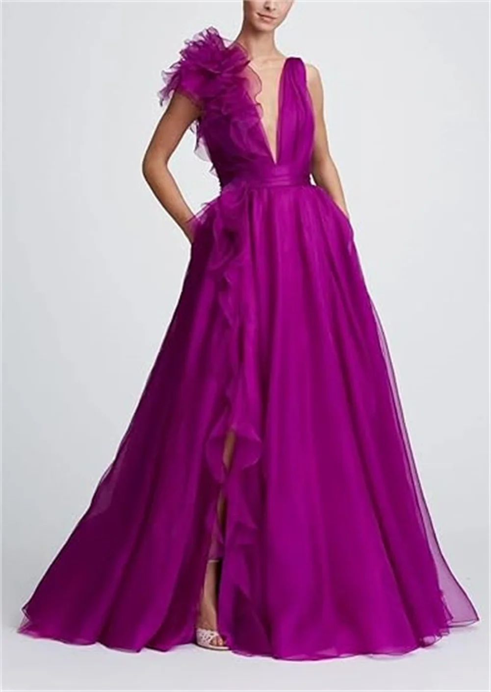 フクシア-女性のためのVネックウエディングドレス,セクシーなふくらんでいるチュール,3D花のサイドスリット,長くてフォーマルなイブニングドレス,ラインパーティードレス,カスタマイズ
