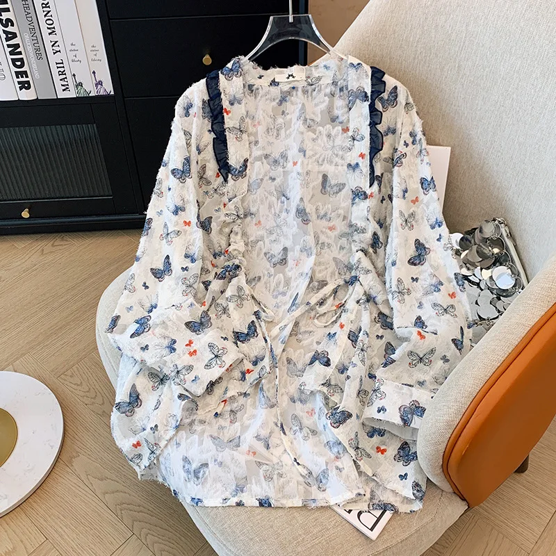 

150Kg Plus Size Women's Bust 159 Autumn Loose Floral Cardigan Butterfly Print Jacket Long Sleeved Shirt White 6XL 7XL 8XL 9XL