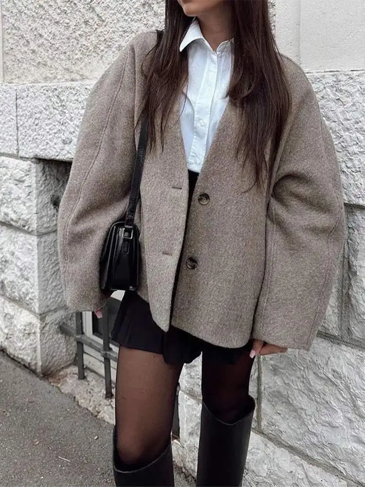 

Vintage V-neck Single Breasted Short Coat Autumn Women Casual Jacket Long Sleeve Pocket Jacket Top Fashion Lady Commute Outwear