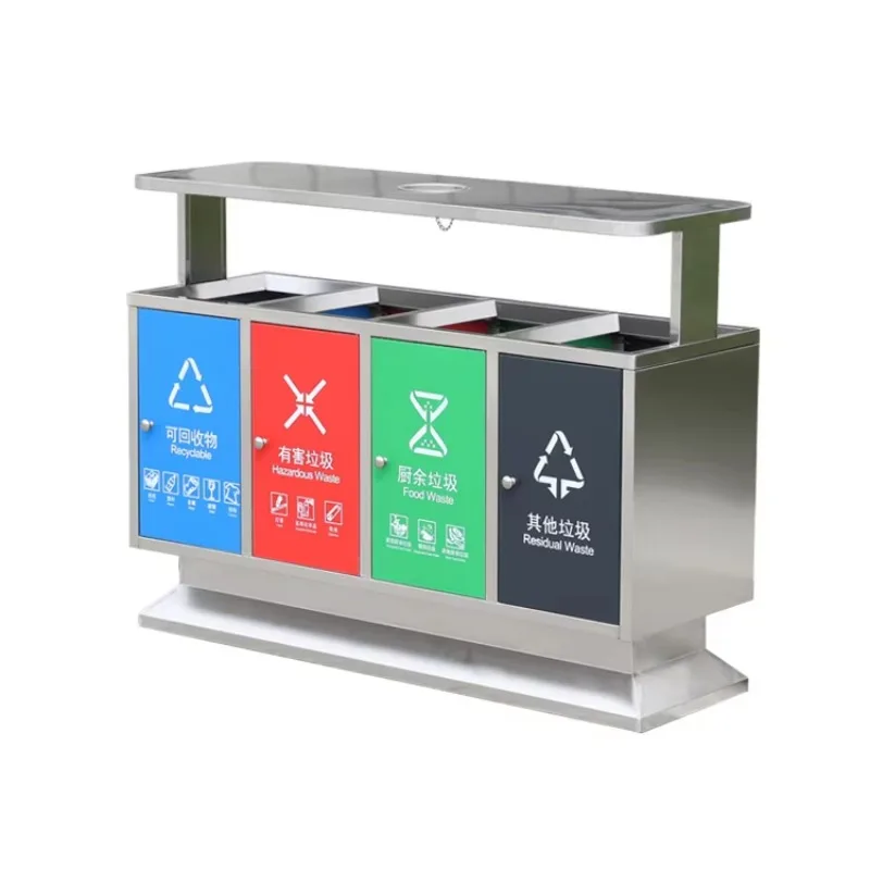 

Creative Street-Classified Use Standing Stainless Steel Garbage Bin 4 Compartment Recycling Trash Can Storage Bucket