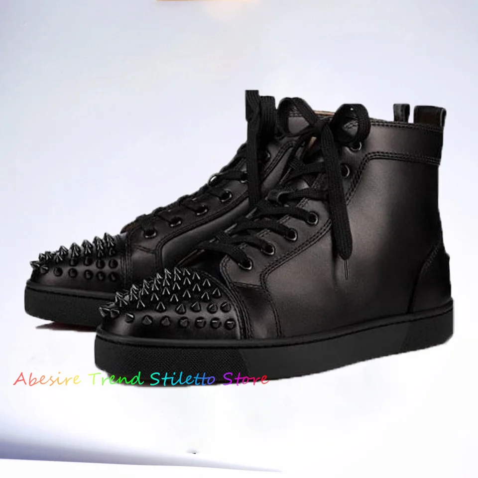 

Black Rivets Leather High Top Boot Men Round Toe Studded Lace Up Punk Style Solid Color Classic Men's Sneakers Camfort Shoes