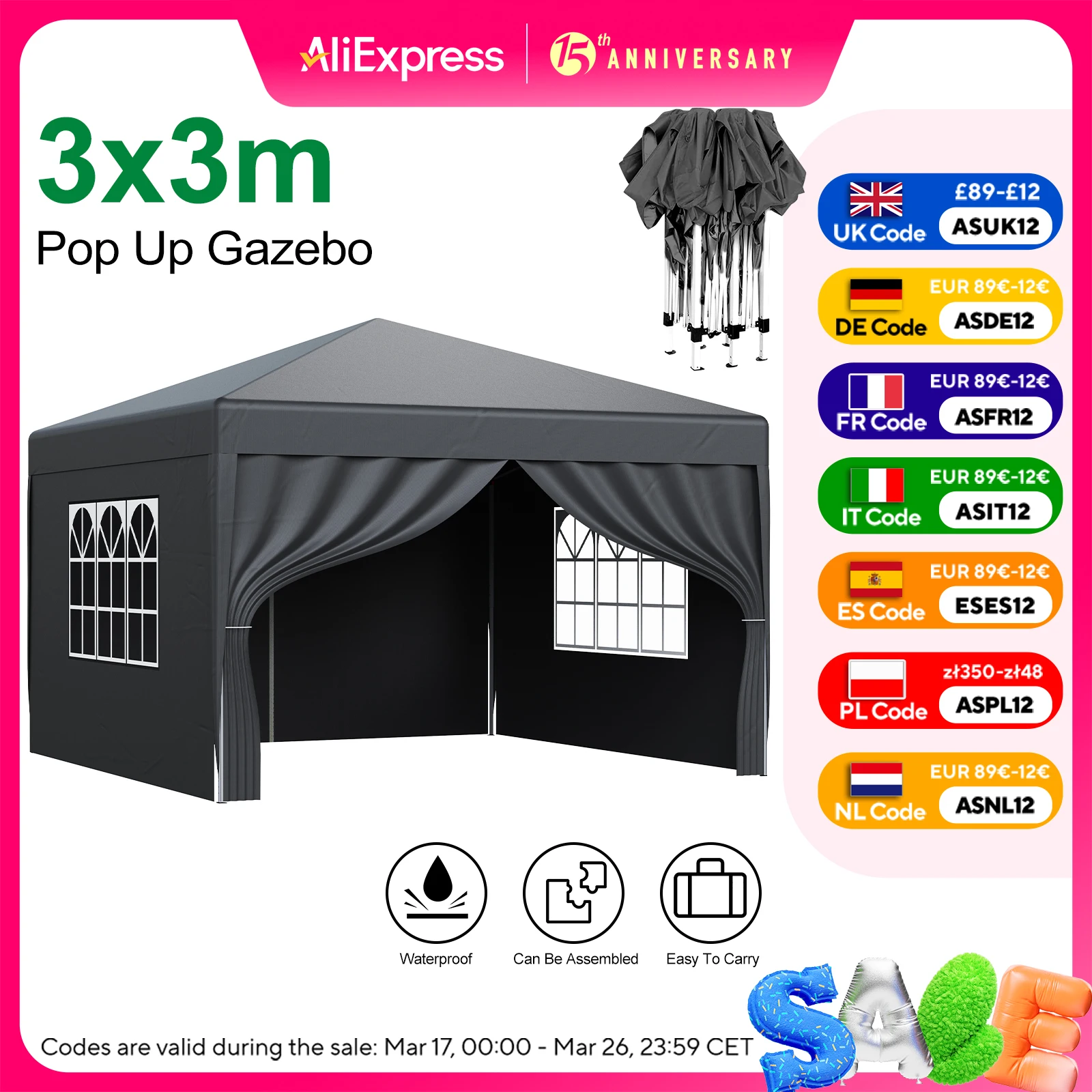 Loefme Pop Up Gazebo 3x3m Party Tent with Windows Outdoor Summer Tent Waterproof UV Sun Protection Shelter Folding Tent Awning