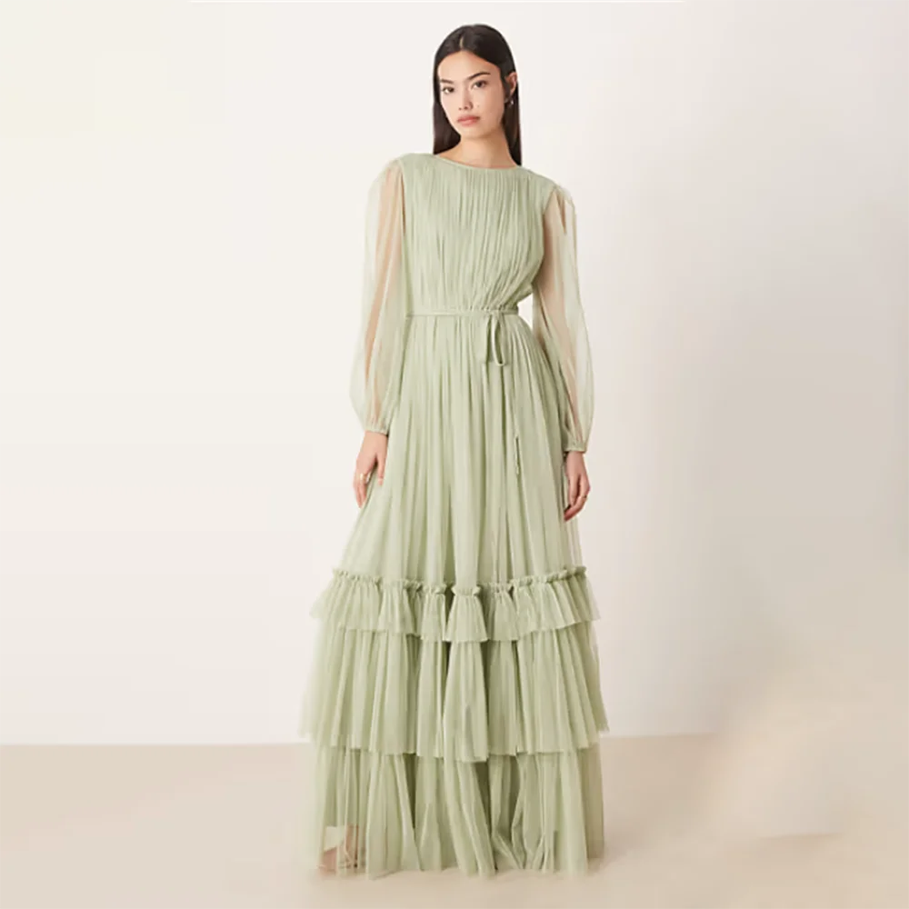 

2026 Elegant Boat Neck Long Sleeve Tulle Pleated A Line Evening Dresses Women's Formal Evening Party Gowns Luxury Formal Gowns