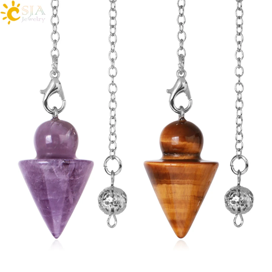 Natural Stone Cone Pendulum Silver Color Chain Crystal Pendant for Divination Dowsing Pink Quartz Spiritual Reiki Pendulo S975